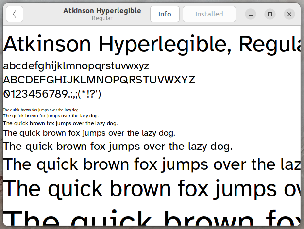 Examples of the Atkinson Hyperlegible font. Screenshot: Fonts app showing examples of the Atkinson Hyperlegible font.