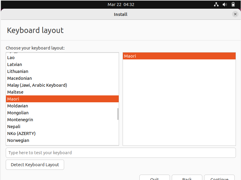 Select Maori, and press Continue. Screenshot: Change the default English (US) by scrolling down and selecting Maori before pressing Continue.
